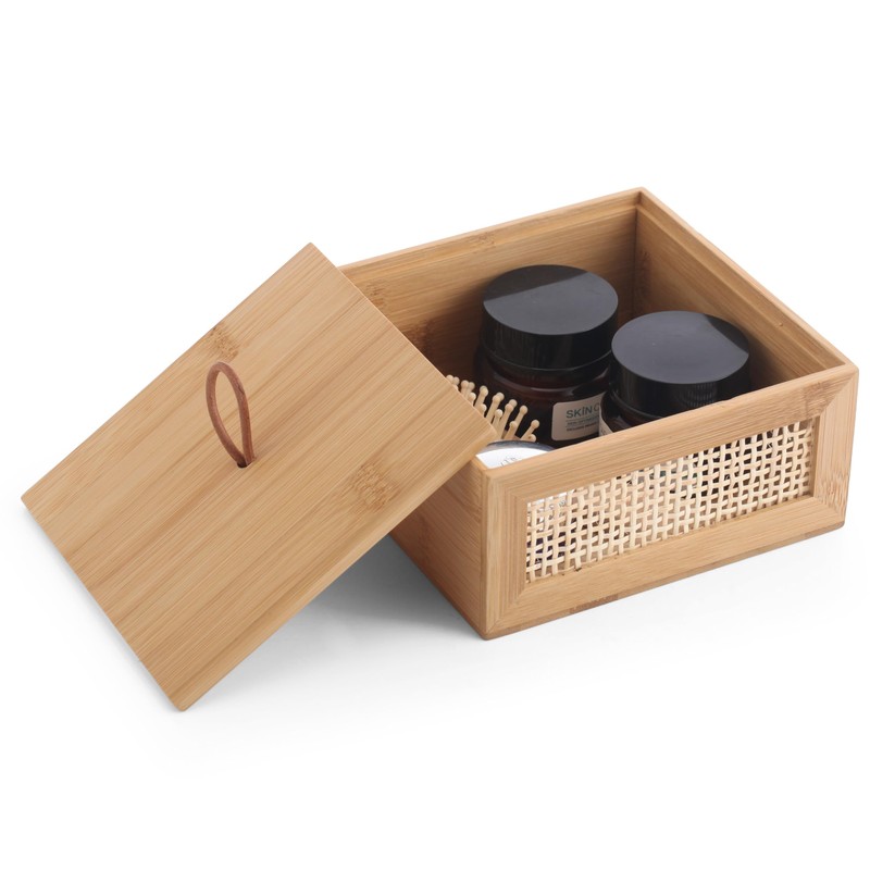 Bamboo Storage Box with Rattan Mesh Panel, Decorative Container for