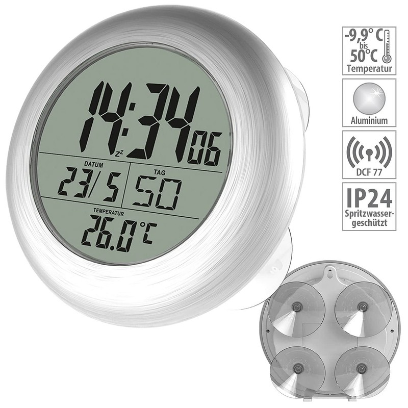 infactory Bathroom Radio Clock: Digital Bathroom Radio Wall Clock with