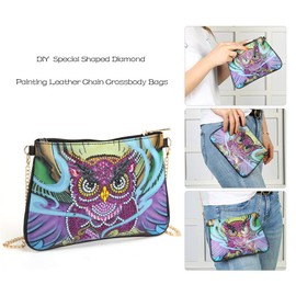 VETPW 5D DIY Owl Diamond Pasted Painting Cross Body Bag, Diamond Painting Leather Coin Purse Zip Handbag, DIY Diamond Painting Clutch Bag, Makeup Shoulder Bag for Party Travel, purple