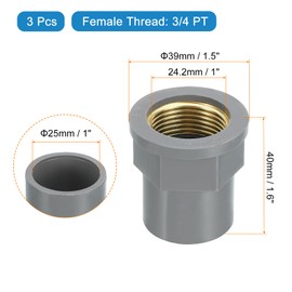 sourcing map 3 Pcs PVC Pipe Fittings, 25mm 3/4 PT Female Brass Threaded Pipe Coupling Pipe Fitting Hose Adapter Connector for Home Sewer Plumbing Irrigation, Grey
