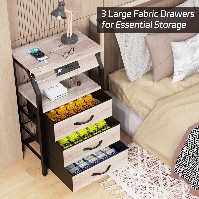 End Table with 3 Drawers, Night Stand with Charger Station
