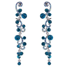 Flyonce Austrian Crystal Wedding Bridal Flower Wave Vine Long Dangle Earrings Blue Silver-Tone
