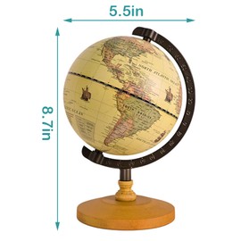 JforSJizT Vintage Mini World Globe for Adults Kids,Dia 5.5" with Wooden Stand Metal Frame,Antique Color Decorative Desktop Globe for Home Office Decor,Educational Geographic Globe for Kids Learning