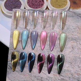 Cat Eye Nail Art Powder Set 6 Colors Aurora Crystal Cat Eye Chrome Powder for Nails 2 in 1 Holographic Metallic Rubbing Pigment Galaxy Iridescent DIY Decor Nail Glitter Dust with Magnet Sticks