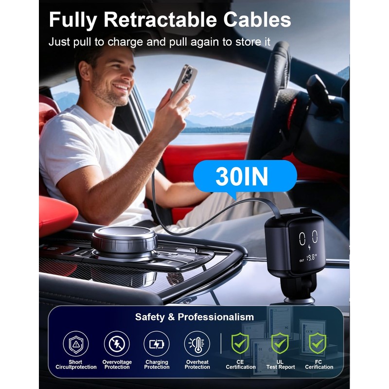 3-in-1 Retractable Car Charger with Funny Expression Light Voltage Display