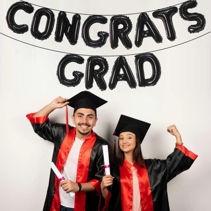 Black Congrats Grad Balloons, 16 Inch Black Congrats Grad Banner