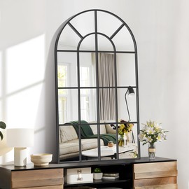 Arched Wall Mirror, 30x55 inch Window Pane Mirrors for Wall Decor, Black Arch Mirrors Wall Mounted, Black Frame Arched Mirror for Living Room Bedroom Entryway, Horizontal Hanging or Leaning Against