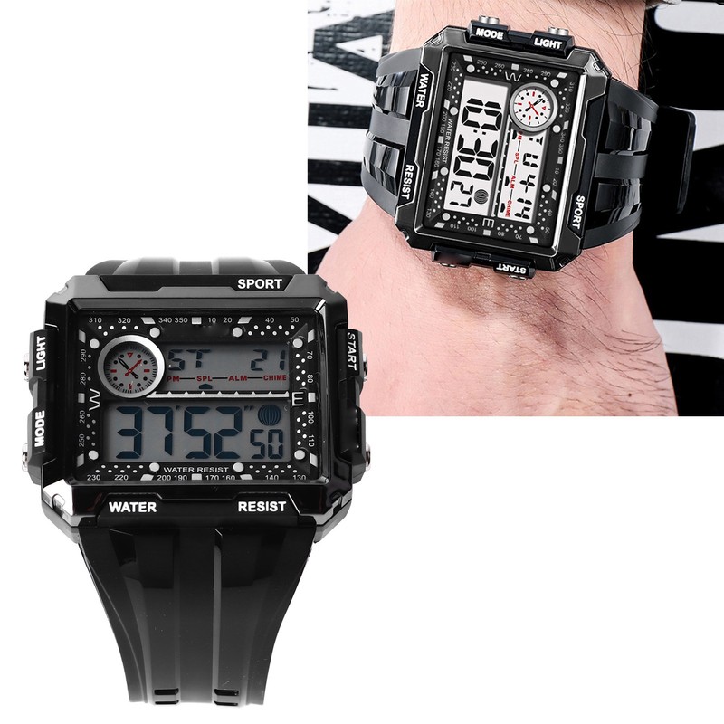 Men Rectangle Digital Sports Watch Night Light Rectangle Display Waterproof