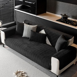 Huierxun Luxury Velvet Plush Sofa Cover for 2 or 3 Cushion Couch Stripe Soft Sectional Couch Cover Anti-Slip Washable Sofa Slipcovers Furniture Protector for Dogs Cats Pet (Black,36"x70")