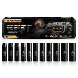 BOEN 11 Pcs 1/2 Inch Drive Deep Impact Socket Set,Metric 10-24mm, 6 Point Cr-V Steel
