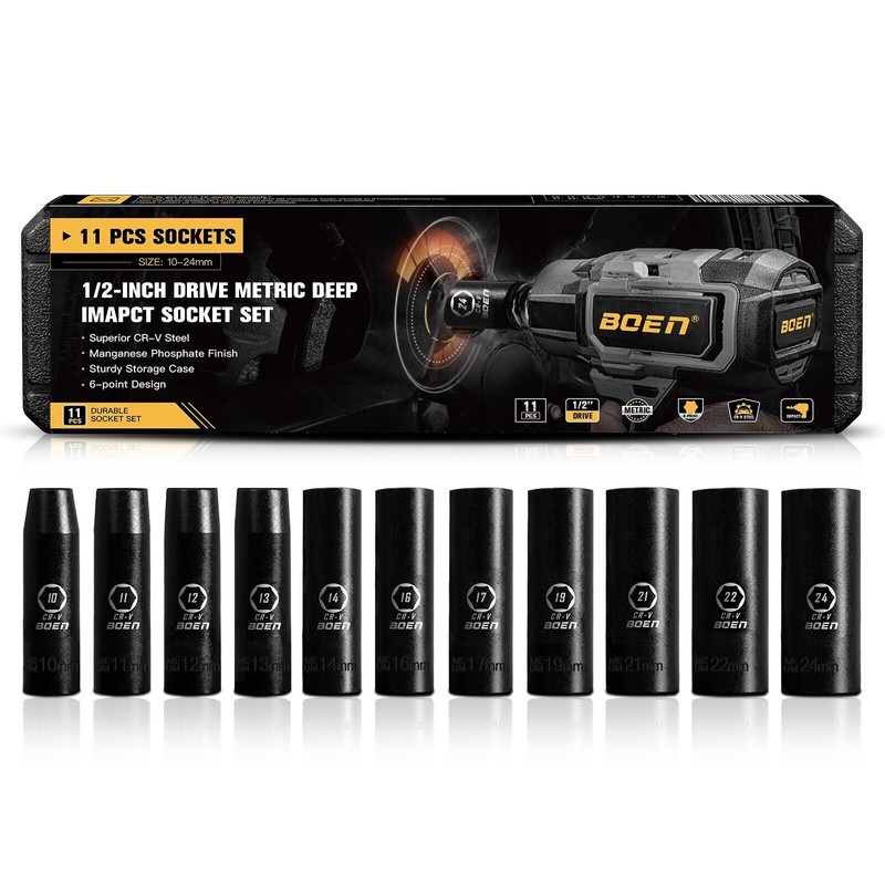 BOEN 11 Pcs 1/2 Inch Drive Deep Impact Socket Set,Metric
