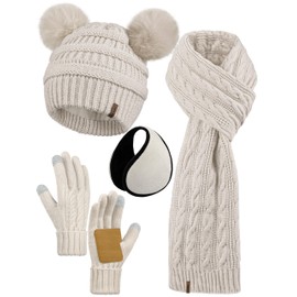 Aneco Women Winter Beanie Hat Scarf Gloves Set Warm Fleece Cap with Pompom Knit Anti-Slip Touchscreen Gloves for Cold Weather Oatmeal