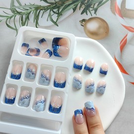 24Pcs Winter Fake Nails Blue White Glitter French Tip Press on Nails Square Short False Nails Sutaozhi Christmas Glue on Nails Full Cover Snowflake Acrylic Nails Christmas Artificial Stick on Nails