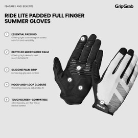 GripGrab RIDE Lite Padded Full Finger Summer Mountain Bike Gloves Long Cushioned MTB Gravel Biking Off-Road Cycling Glove