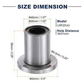 sourcing map LMF25UU Linear Ball Bearings 26mm Bore 40mm OD 58mm Length Round Flange Nickel Plated with Screws for CNC Machine 3D Printer 2pcs