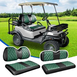NOKINS 4PCS Golf Cart Seat Covers Kit, Front and Rear Seat Covers Fits Club Car Precedent Standard Seat Cushion, Club Car Vinyl Seat Covers Accessories, No Staples (Dark Green&Black)