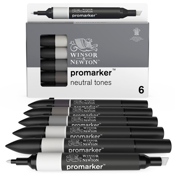 Winsor & Newton, Promarker, Neutral Colours, Set of 6, Alcohol Based Dual Tip Markers