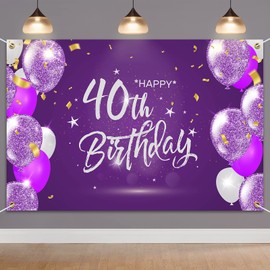 HAMIGAR 6x4ft Happy 40th Birthday Banner Backdrop - 40 Years Old Birthday Decorations Party Supplies for Women - Purple