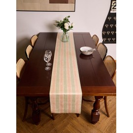 Narrow Striped Rustic Table Runners Easter Vintage Table Runner Chenille Striped Tablecloth in Natural Green Pink Farmhouse Kitchen Coffee Table Runner Decor for Living Room (14X108 INCH)