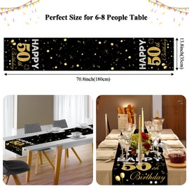 50th Birthday Table Runner, Black Gold Happy 50th Birthday Table Runner Birthday Table Linens Reusable Birthday Table Linens Non-Slip Dining Table Linen Cover Cloth Decor, 180x35cm