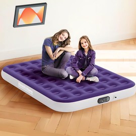 REACH HOPE Queen Air Mattress with Built in Pump, Heavy Duty Blow Up Mattress with Electric Pump, Colchon Plug in Self Inflatable Air Bed for Home, Guest and Rental House, 10 Inches Height Purple.