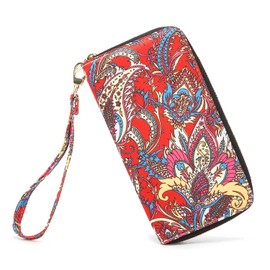 LOVESHE Women's Wallet Zip Around Wallet for Women Clutch Purse Wristlet Clutch Wallet with Zipper for Women Bohemian style Wallet RFID Blocking Wallet Credit Card Wallet, Red-PSL