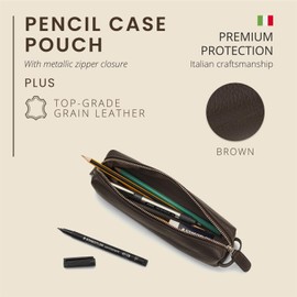 Maruse Pencil Case - Italian Grained Leather - Zipper Case for Pen and Pencils - Work Accessories Made in Italy - Brown