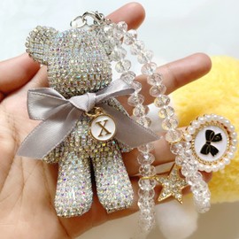 Cute Bling Bear Rear View Mirror Hanging Accessories Sparkle Hanging Ornaments Diamond Bear Charms for Car Mirror (White)