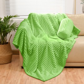 Bnuitland Light Green Flannel Throw with Storage Pouch,300GSM Super Soft Fleece Stripe Pattern Sofa Blanket for Adults and Kids, Lightweight Cozy Bed Throw for Home Decor All Season