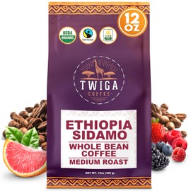 Twiga Coffee Premium Ethiopian Sidamo Whole Bean Coffee – Organic Medium Roast Arabica with Berry, Citrus & Floral Notes – Single Origin Ethiopia – Freshly Roasted 12 oz