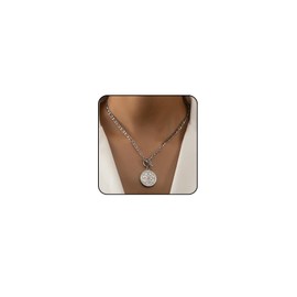 Chunky Gold Coin Necklace for Women Statement Coin Necklaces for Women Gold Coin Pendant Link Chain Necklace Gold Coin Pendant Necklace (Silver)