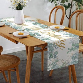 Aitsite Table Runner 18th Birthday Spring Green, Eucalyptus Leaf Table Runner 18th Birthday Anniversary Celebration Party Dinner Table Linen Tablecloth Decoration 40 x 180 cm