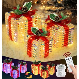 3 Pack Christmas Lighted Gift Boxes Decorations, Light Up Foil Metalic Present Box with 60 Warm White & Colored Change Lights 12 Mode Timer Remote Battery Operated Xmas Tree Home Decor Indoor Outdoor