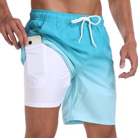 Houselog Mens Swim Trunks with Compression Liner 2 in 1 Swimming Shorts Stretch Trunks Quick Dry Beach Shorts Bathing Suit (CA/US, Alpha, X-Large, Regular, Regular, Blue)