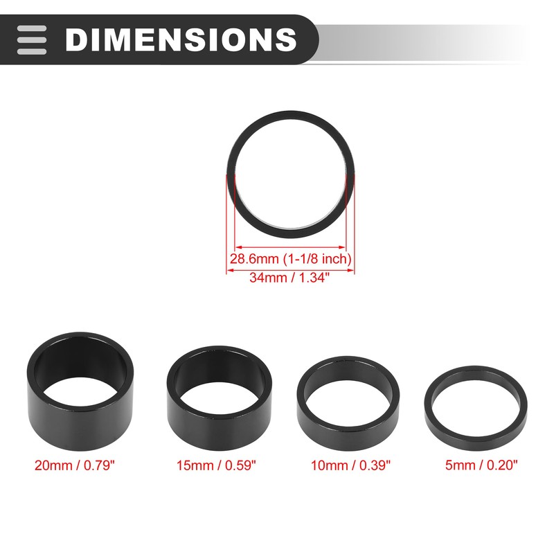 Motoforti Universal Bike Headset Spacers, 5 10 15 20mm, Black,