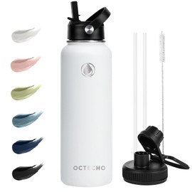 OcTecho 1200ml Stainless Steel Water Bottle 2 Leakproof Lids, BPA Free Double Walled Vacuum Insulated Water Bottles Thermal for 12h Hot & 24h Cold,for Man,Woman-White