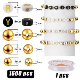 Pack of 1600 Letter Beads Craft Set, Bracelet Beads Set Letters, DIY Bracelets, Beads for Bracelets Letters, Letter Beads Square, Beads Letters for Bracelets with Ribbon, Spacer Beads Gold