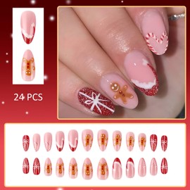 24Pcs Christmas Press On Medium Almond Fake Nails With Xmas Cartoon Designs, Glue On Gingerbread Man Santa Hat False Winter Artificial Glossy Stick On Nails For Women