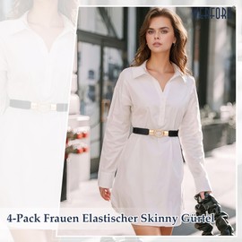 WERFORU Elastic Belt, Women's Skinny Belt for Dresses, Retro Stretch Waist Belt, Thin Belt with Buckle, Pack of 4, E-Black+Brown+Beige+Red
