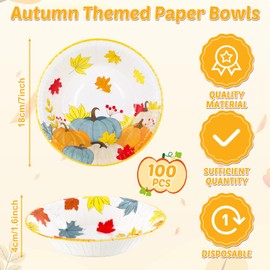 gisgfim 100 Pcs 16 oz Fall Bowls Party Supplies Disposable Thanksgiving Dessert Bowls Autumn Maple Leaves Paper Snack Bowl Decorations Favors for Hot Cold Soup Salad Cereal Home Holiday Supplies