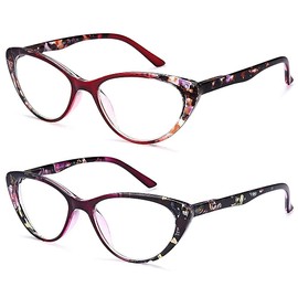 EYEURL Cat Eye Reading Glasses for Women, 2 Pack Blue Light Blocking Readers for Ladies Spring Hinge Fashion Pattern +0.50 Magnification Anti Eyestrain UV Protection