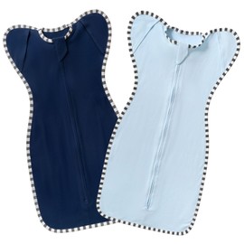 Transitional Swaddle Blanket Sack 2-Pack, 100% Cotton Baby Sleep Sack, Arms Up Design with 2-Way Zipper, Breathable Newborn Swaddle for Boys Girls (Dark Blue + Baby Blue, Medium 3-6 Months)