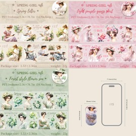 Arpaper Aesthetic Washi Tape Set Sticker 3 Rolls, PET Tape Girls Flowers Scrapbooking Stickers, Decorative for Journaling, Bullet Journals, Planners, Arts for Crafts (Spring Girl Series 1)