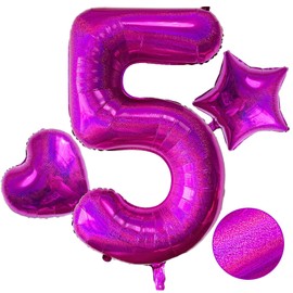 Laser Hot Pink Number 5 Balloons, 40 Inch Giant Pink Number Balloons Nylon Helium Hot Pink Number 5 Balloons for 5th Birthday Party Supplies Anniversary Event Celebration Decorations