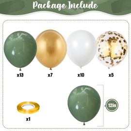 Sage Green and Gold Balloons, 12 Inch Olive Green White Metallic Gold Confetti Latex Balloons Set, Retro Green Gold Balloons for Girls Women Birthday Wedding Jungle Baby Shower Party Decorations