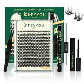 KEYYOU Lash Clusters Kit 120pcs 8-18mm Mix, DIY Eyelash Extension Kit with Bond and Seal, Eyelash Glue and Tweezers for Volume Fluffy Lashes at Home (KY01)
