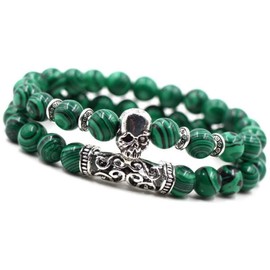 Unique Chakra Duo Bracelet Malachite Skull 8 mm Beads Energy Bracelet Healing Stones Stretchy Jewellers Quality, Malachite, malachite