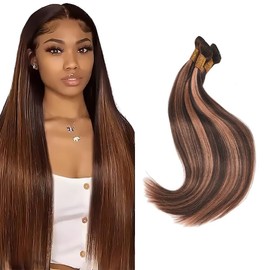 QEUOPE P430 Highlight Brown Straight Human Hair Bundles Double Weft Brazilian Hair Extensions Ombre Two Tone Dark Brown Mixed With Color 30 Bundles for Women 12 14 16 inch