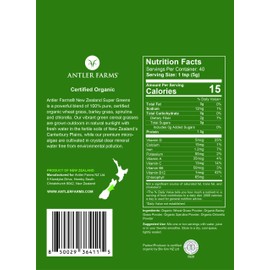 Antler Farms - 100% Pure Organic New Zealand Super Greens Powder, 40 Servings, 200g - Wheat Grass, Barley Grass, Chlorella, Spirulina - Vegan, Gluten Free, Chlorophyll Rich, for Energy and Detox