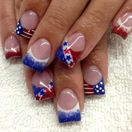 4th of July Nails - Fourth of July Nails Medium Square Press On Nails Fake Nails with Stars Stripe Glitter French Tip Nails Design, Acrylic Artificial False Nails Press Ons Stick On Nails for Women